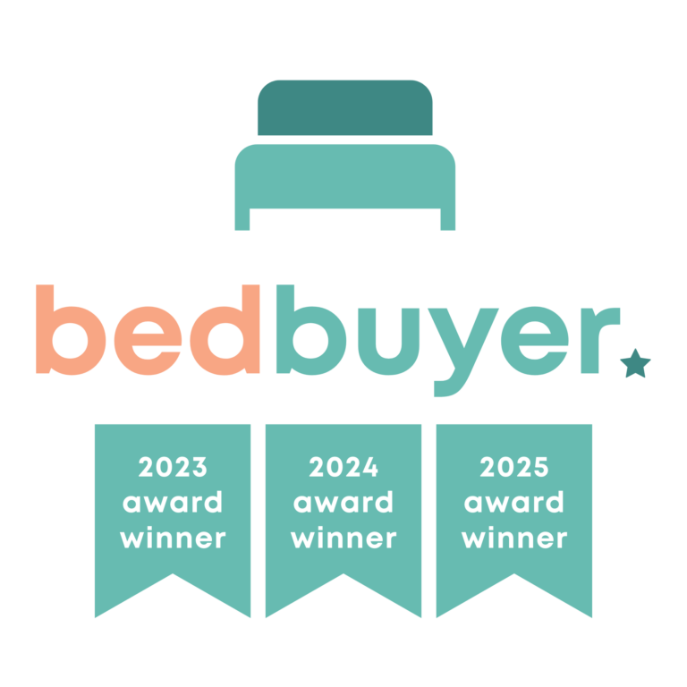 Logo of bedbuyer with a bed icon and award badges for 2023, 2024, and 2025 on a white background.