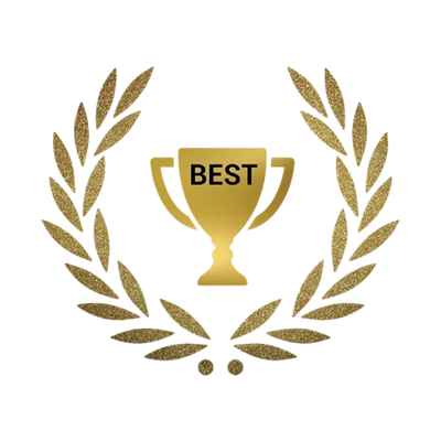 Gold trophy with 'BEST' text surrounded by a laurel wreath on a white background