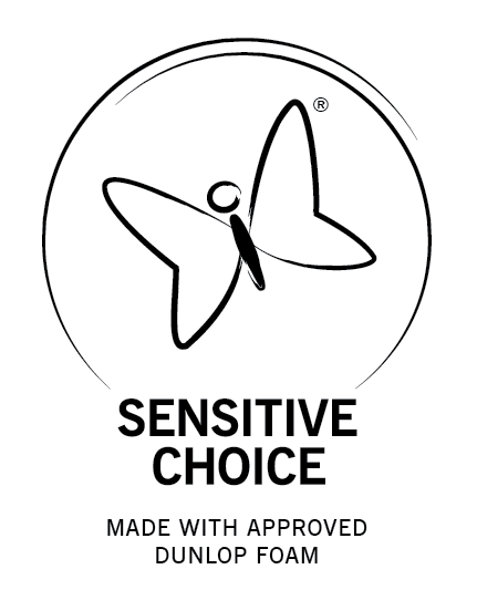 Logo with a butterfly design and text 'Sensitive Choice, Made with Approved Dunlop Foam' on a white background